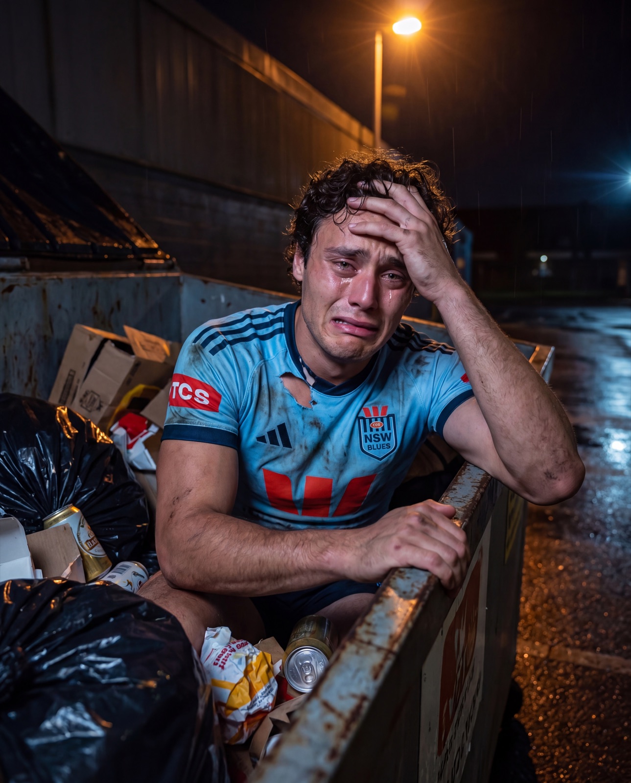 A NSW Blues player sitting inside a dumpster behind the stadium, crying.