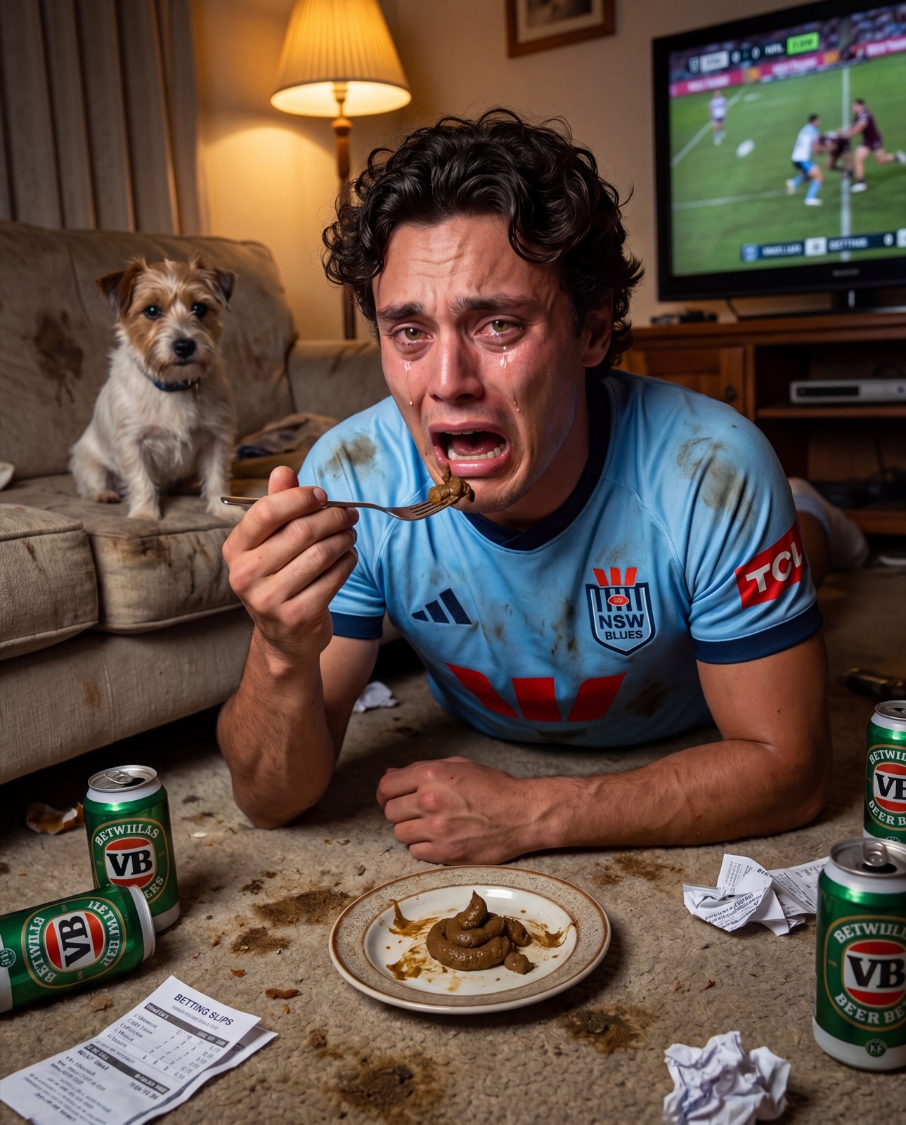 A man at home, having clearly made a poor dietary decision in the wake of a loss.
