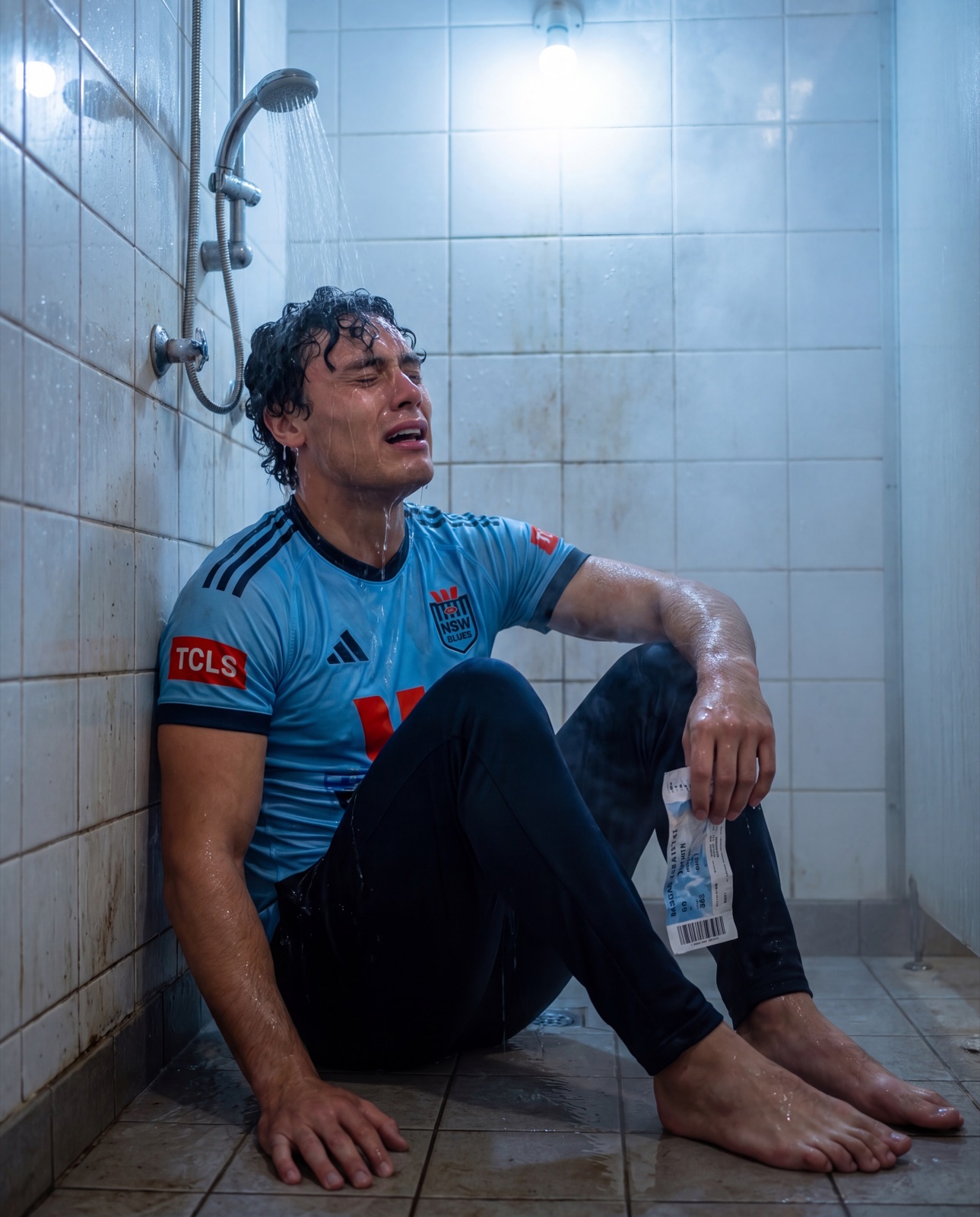 A grown man sitting in a running shower, fully clothed in his Blues jersey, weeping.