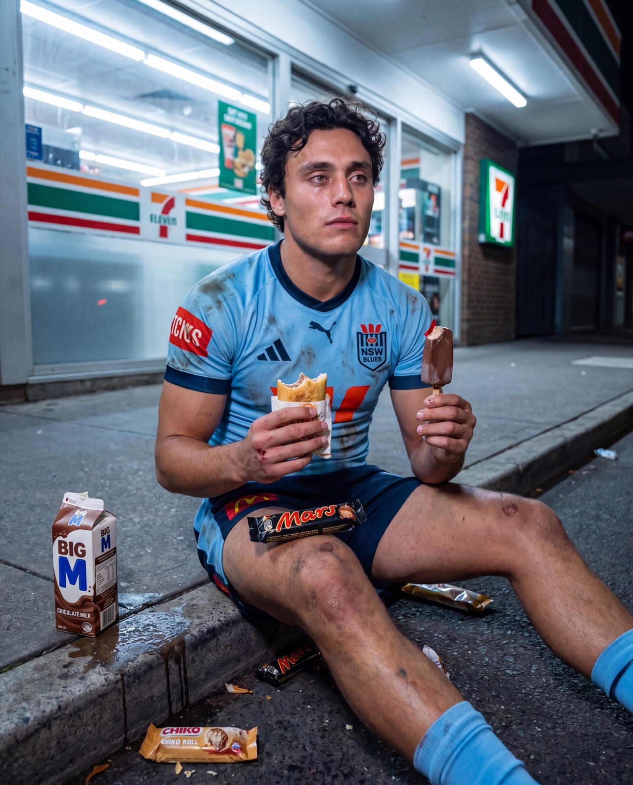 A Blues supporter under fluorescent service-station lights at 3am, eating in the car park.