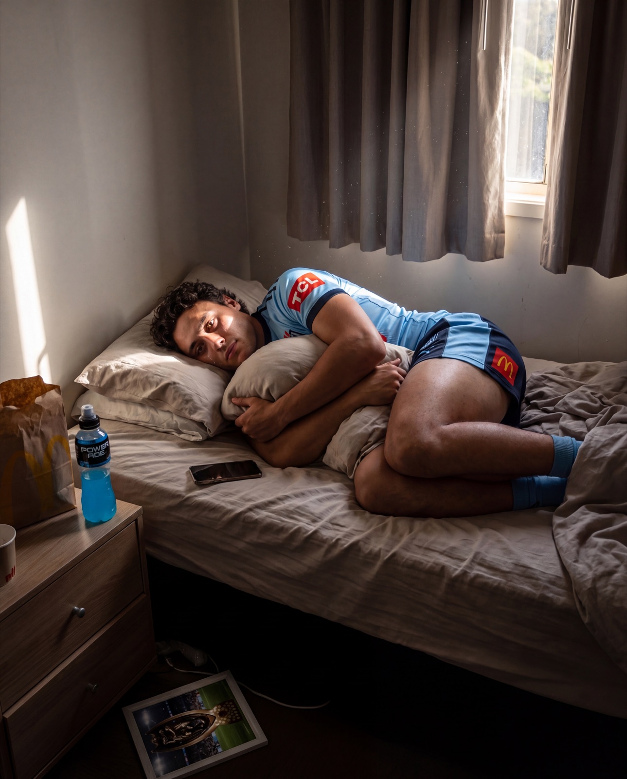 A man in bed at 4pm on a Tuesday, curtains drawn, phone face-down.