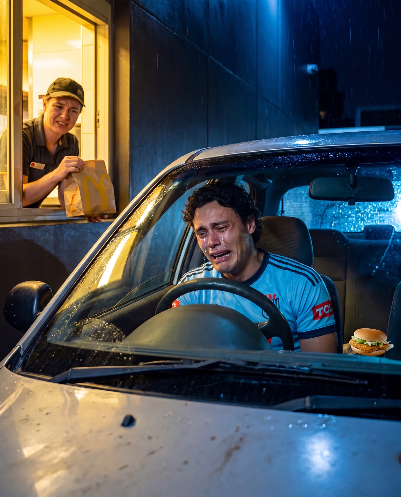 A Blues supporter at a Maccas drive-thru window late at night, defeated.
