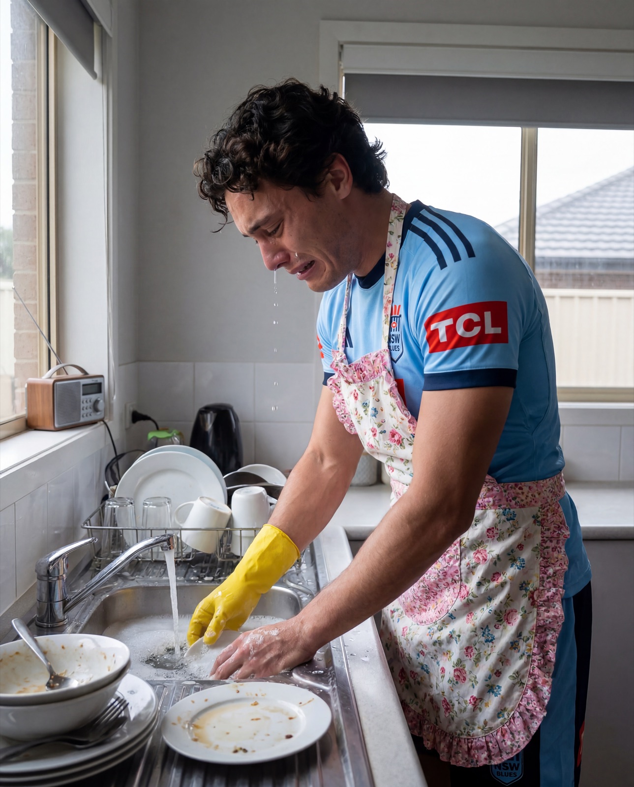 A Blues supporter at the kitchen sink in an apron, crying into the dishwater.